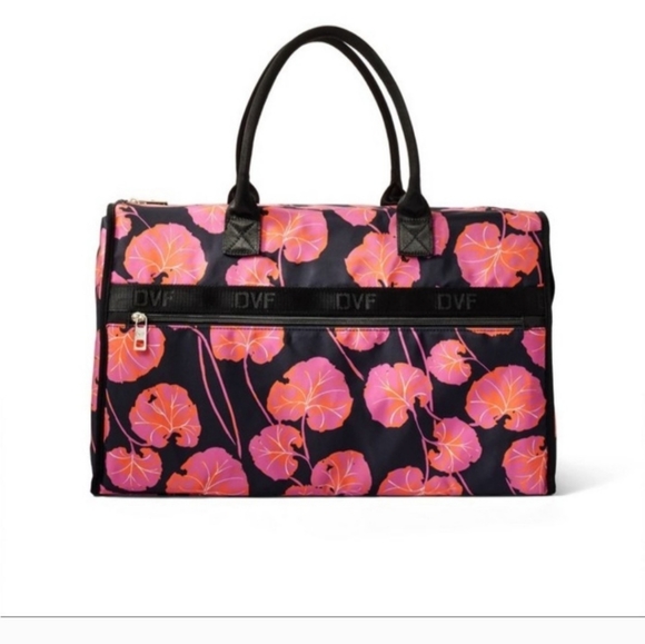 DVF Pink Geranium Leaf Pattern Black Overnight Weekender Travel Bag - Picture 1 of 4